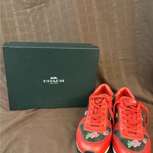 Coach Rebecca Floral Sneakers Red Leather Low Top Size 9.5 Like New